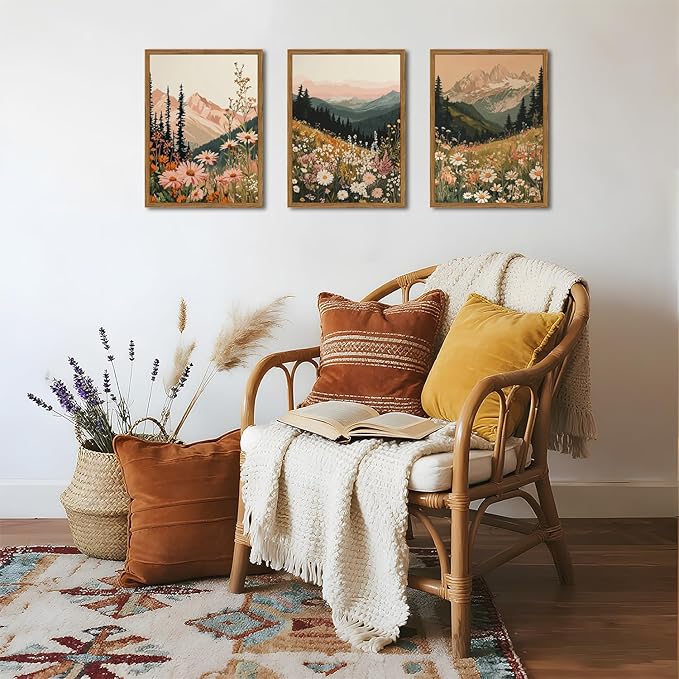 Framed Boho Colorful Wildflower Landscape Wall Art Set of 3, Vintage Floral Mountain Wall Decor Paintings, Nature Flower Pictures Canvas Prints for Living Room Bedroom Office 12x16 inch