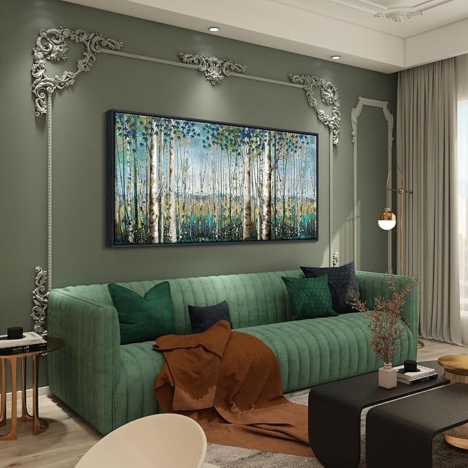 Pogusmavi Wall Art - Large Birch Tree Canvas Painting for Home Decor | Framed Artwork for Living Room, Bedroom, and Office | Teal Wall Art Decoration 24x48 Inch