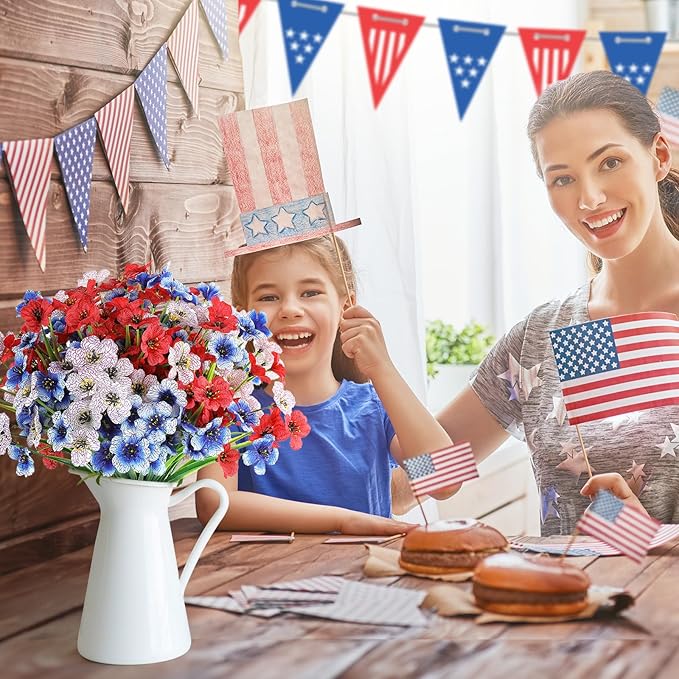 AGIRL 24 Bundles Artificial Flowers for Outdoor,No Fade Fake Plastic Flowers for Garden Porch Window Box Home,Red White Blue Faux Plants for 4th of July Memorial Day Independence Day Patriotic Decor