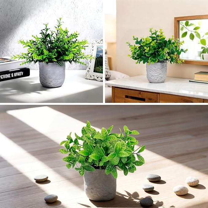 FGSAEOR Mini Potted Fake Plants, Small Artificial Greenery Realistic Plants Topiaries, Low Maintenance, for Home Office Shelf Desk Farmhouse Room Coffee Table Decor (3-Pack) (Green (Round Pot))