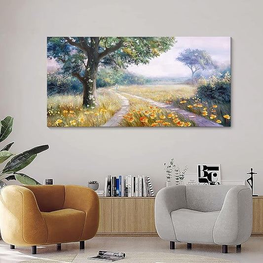 CHATYOUNG Large Landscape Wall Art, Spring Decor Rustic Wildflowers Way Home Wall Pictures, Farmhouse Meadow Painting Wall Art Prints For Living Room Bedroom Bathroom Kitchen Home Decor 29"X58"