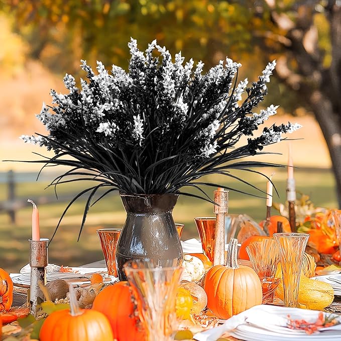 N&T NIETING 6 Bundles Black Artificial Flowers, Fake Monkey Grass with Flowers, UV Resistant Fake Plants Halloween Black Flowers Decor for Party Front Porch Home Garden Patio