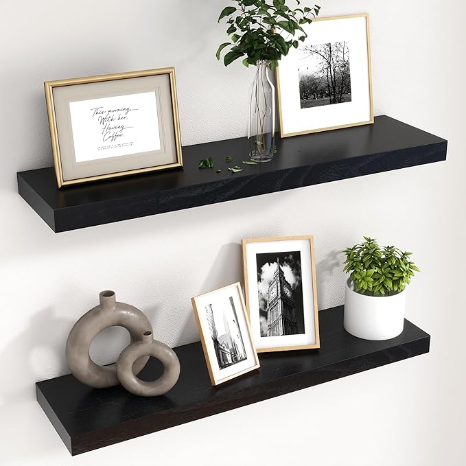 fuqing 30 Inch Floating Shelves for Wall, Black Wood Floating Shelves for Wall Set of 2, 30'' Long Wooden Wall Shelves for Living Room Bedroom Bathroom Home Office - Black