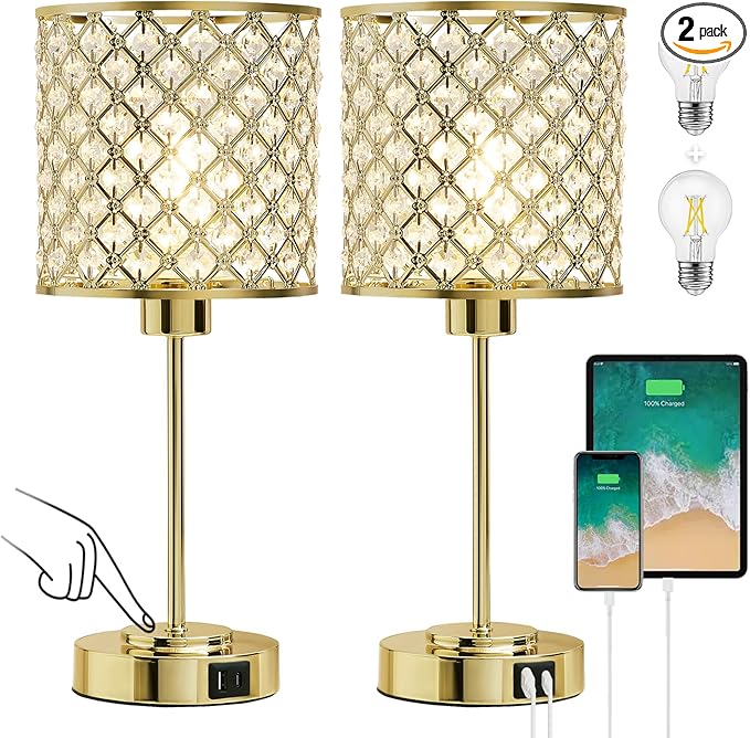 Crystal Touch Control Table Lamp with USB-C+A Charging Ports 3-Way Dimmable Nightstand Lamp Set of 2 Crystal Decorative Bedside Lamps with Gold Elegant Shade for Bedroom Living Room, Bulbs Included