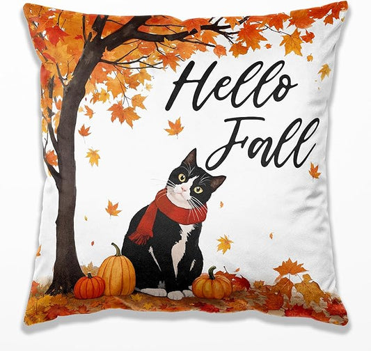 Fall Cat Pillow Covers 18x18, Cat Lover Gifts Home Room Decor, Fall Autumn Maple Leaves Pumpkin Cute Kitty Kitten Decorative Throw Pillow Covers for Home Bedroom Living Room