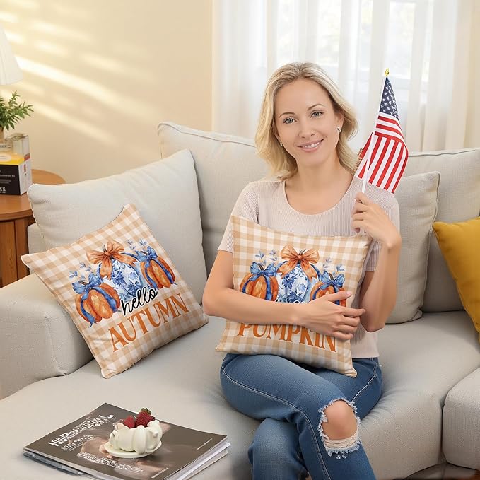 Chinoiserie Fall Pumpkin Pillow Covers 18x18 Set of 2,Autumn Decor,Blue and White Orange Chinoiserie Pumpkin Decorative Throw Pillow Covers for Home Bedroom Living Room