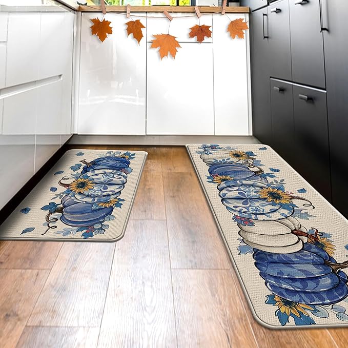 Fall Blue and White Porcelain Pumpkin Kitchen Rugs Set of 2, Autumn Sunflower Kitchen Mats Decor, Thanksgiving Seasonal Floor Door Mat Home Decorations - 17x29 and 17x47 Inch