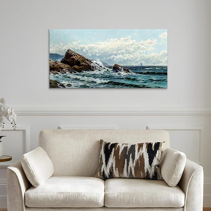 crmotu Large Canvas Wall Art, Coastal Landscape Painting Art Prints, Ocean Rock Wave Vintage Wall Decor, Blue Natural Scenery Wall Pictures for Living Room Bedroom Bathroom, Modern Home Decor 24"X48"
