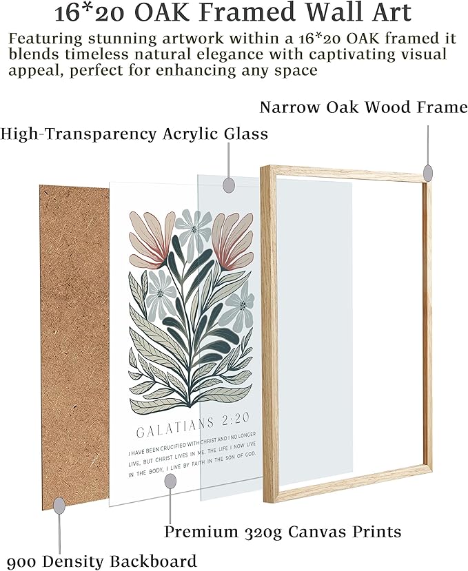 EcoHest Bible Verse Floral Framed Wall Art, Large 16x20 in OAK Wood Boho Abstract Flowers Canvas Wall Art, Galatians 2:20 Home Decor, Beige Logs Boho Christian Set of 1 for Bedroom Living Room