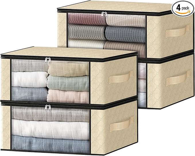 HomeHacks Storage 4-Pack Clothes Organizer Storage Bags Foldable Storage Box with Large Clear Window Sturdy Handles for Closet, Dorm, Pillows, Bedding, Clothes, Blankets, 35L, Beige