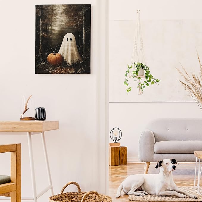 FTKBGHY Vintage Halloween Ghost Canvas Wall Art Framed, Halloween Room Decor, Spooky Ghost Pumpkin in Haunted Forest Poster Prints Wall Decorations for Bedroom Living Room Home, 11x14 Inch