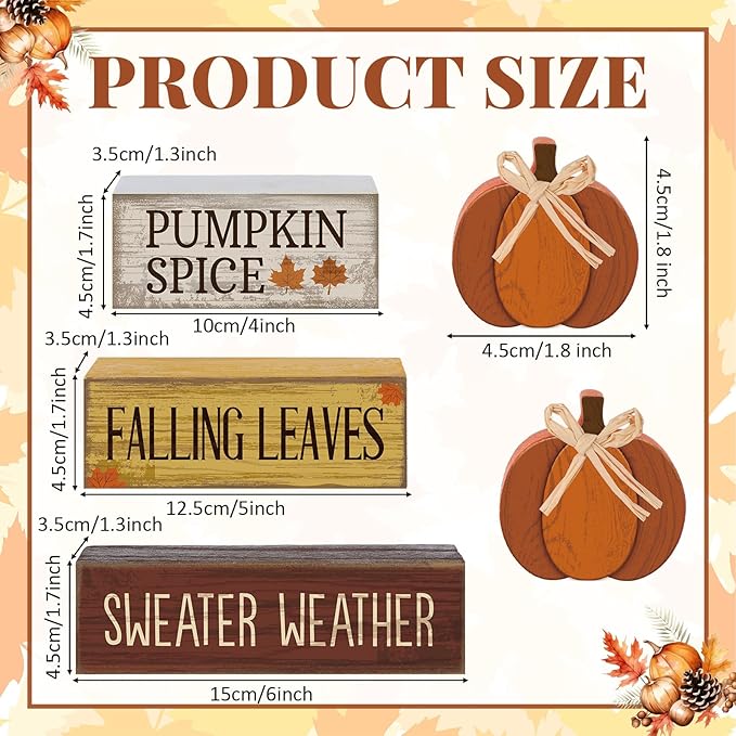 4 Pcs Fall Pumpkin Decor Fall Table Decoration Thanksgiving Tiered Tray Decor Thanksgiving Centerpiece Rustic Decorative Pumpkin Block Sign Gift Farmhouse Autumn Table Sign for Home Kitche