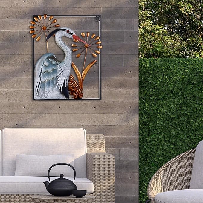 Ratuor Metal Bird Wall Art 3D Heron Wall Sculpture 16 Inch Outdoor Decor Hanging Crane Wall Decoration for Living Room Garden Bedroom Office Home Housewarming Party Vivid Color