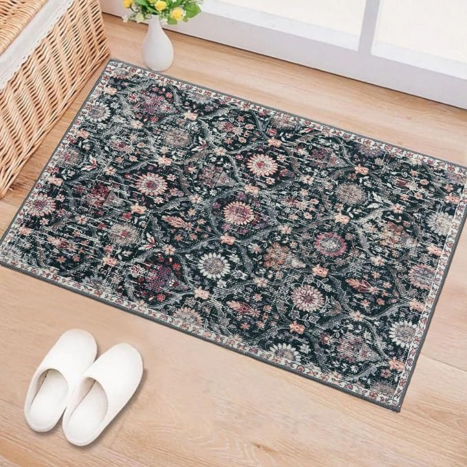 Lahome Moroccan Trellis Washable Rug, 2x3 Entryway Rugs for Kitchen Bathroom, Non-Slip Indoor Door Mat Ultra-Thin, Small Oriental Throw Carpet for Bedroom Entry, Black/Multi