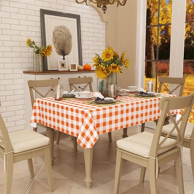 misaya Rectangle Waterproof Vinyl Table Cloth, Buffalo Flannel Backed Tablecloth, Wipeable Plastic Table Cover for Fall, Thanksgiving (60" x 102", Orange and White)