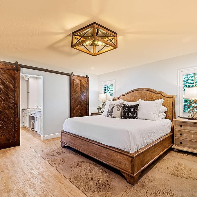 Flush Mount Ceiling Light Fixture for Kitchen Hallway, 2-Light Close to Ceiling Light with Black Metal and Wood Design, Rustic Farmhouse Ceiling (Bulb not Included)