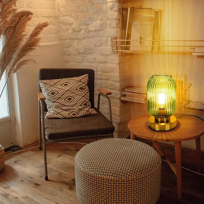 Touch Control Mid Century Modern Table Lamp, 3 Way Dimmable, Green Glass, Small Gold, Vintage Bedside Lamp for Bedroom, Living Room,Office