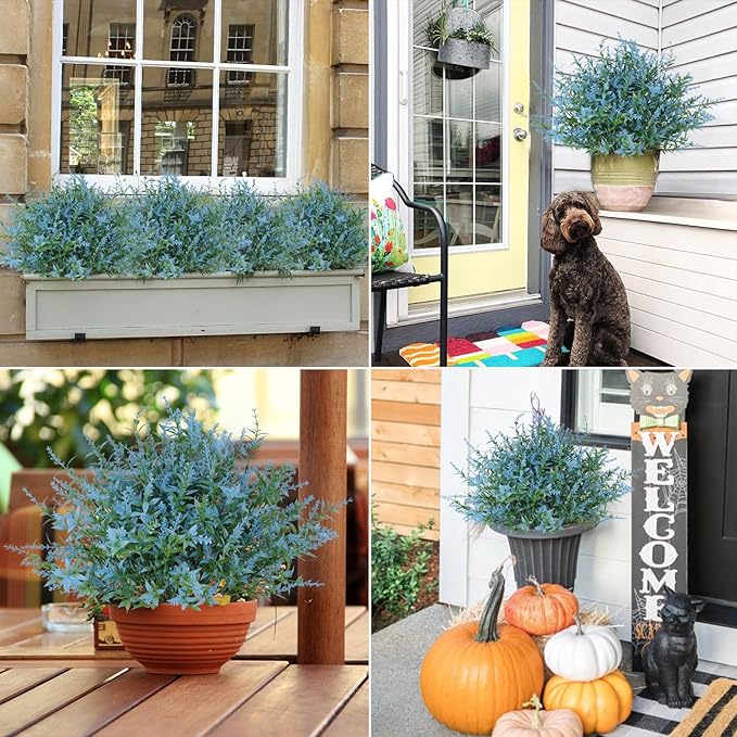 RECUTMS Spring Decoration, Artificial Greenery,Outdoor Artificial Flowers Fake Outdoor Plants, Faux Greenery for Indoor Outside Hanging Plants Garden Porch Window Box Home Farmhouse Décor(Blue)