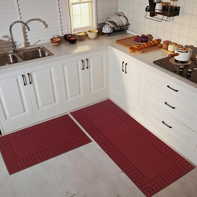 BEQHAUSE-Non-Slip-Kitchen-Mats-for-Floor [2PCS],Kitchen Mats,Machine Washable Burgundy Red Kitchen Rugs,Polypropylene Kitchen Floor Mat with TPR Backing 24x35inch/24x60inch