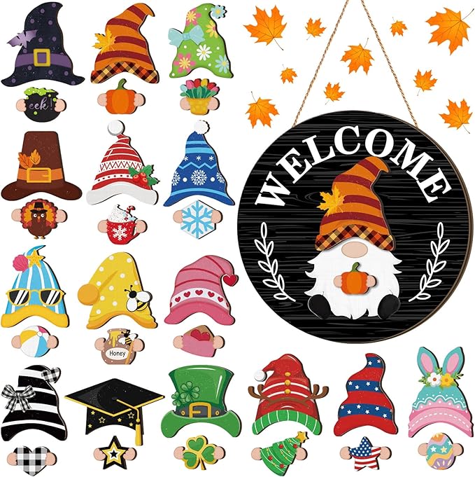 Qunclay Interchangeable Wooden Gnome Decor Holiday Seasonal Gnome Decorations with Magnet Pieces and Detachable Hats Changeable Welcome Sign for Home(Black Style)