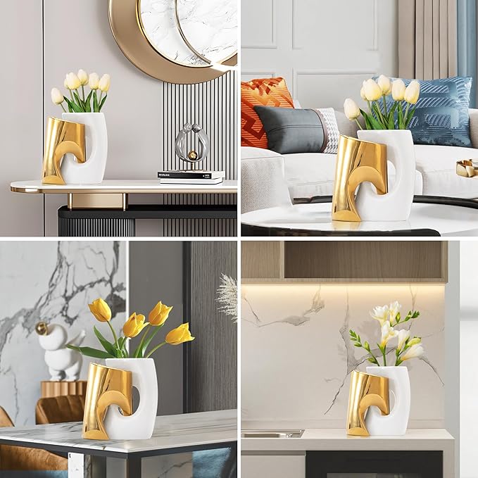 Gold and White Vases Set of 2, Ceramic Flower vase for Pampas Grass, Modern Gold Vases Home Decor, Nordic Snuggle Hollow Boho vases Table Centerpieces