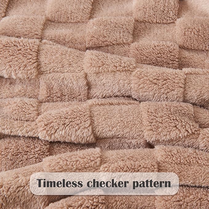 NEWCOSPLAY Super Soft King Blanket Taupe Premium Silky Flannel Fleece 3D Checkered Lightweight Bed Blanket All Season Use (Taupe Checkered, King(90"x110"))