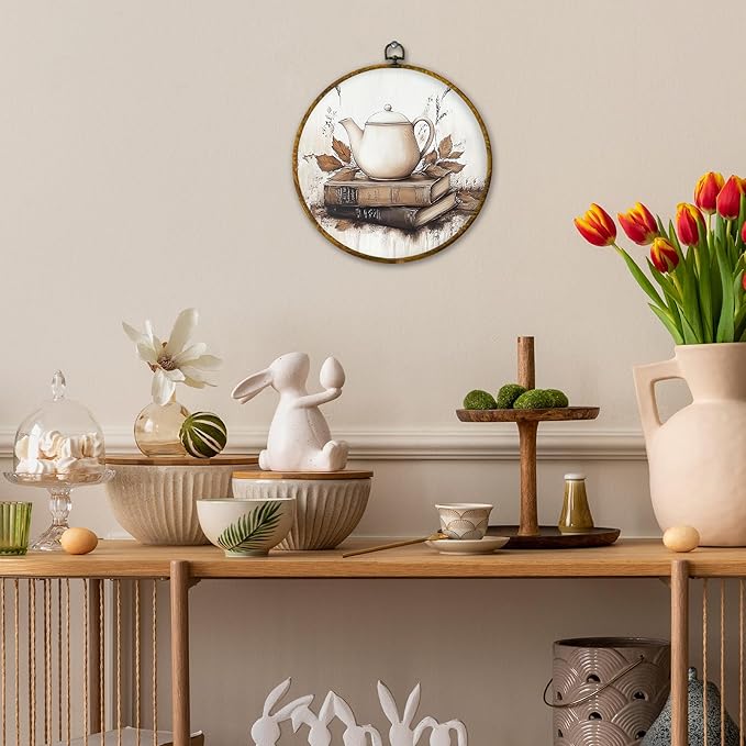 Mcehtle Vintage Fall Wall Art Decor, Rustic Autumn Teapot Books Maple Leaf Framed Canvas Prints 10x10, Cozy Fall Round Wall Hanging Artwork Decorations for Kitchen Bedroom Living Room Home