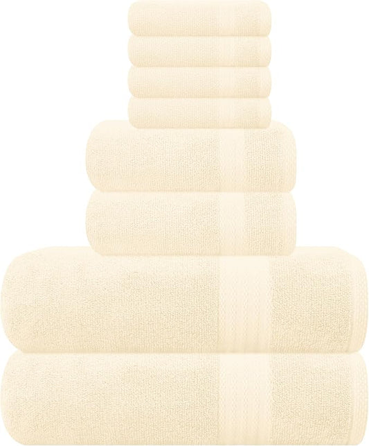 GLAMBURG Ultra Soft 8-Piece Towel Set - 100% Pure Ringspun Cotton, Contains 2 Oversized Bath Towels 27x54, Hand 16x28, 4 Wash Cloths 13x13 Ideal for Everyday use, Hotel & Spa Ivory Cream