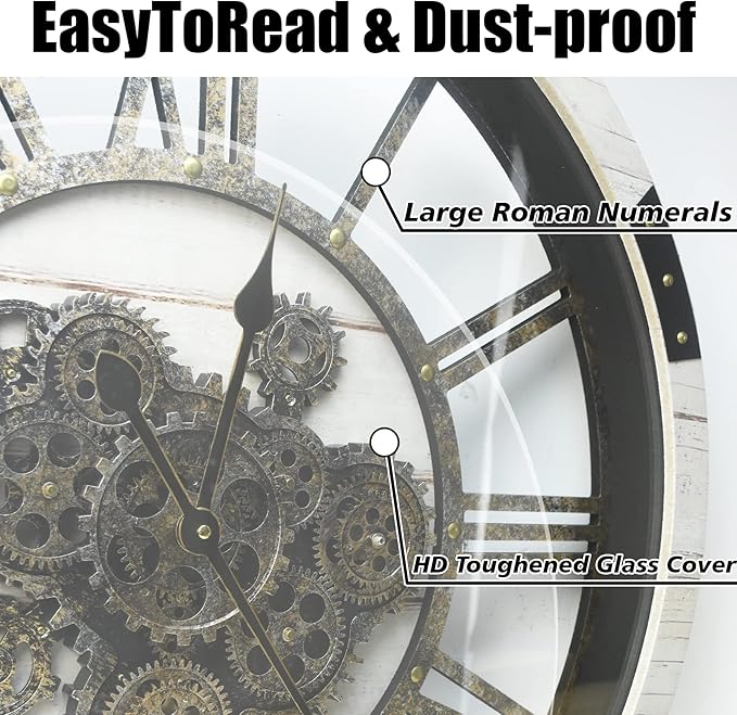 27" Large Real Moving Gears Wall Clock with Toughened Glass Cover Solid Wood Retro Metal Skeleton Oversized Vintage Steampunk Rustic Clock for Living Room Decor Home Farmhouse Kitchen(Desert Beige)