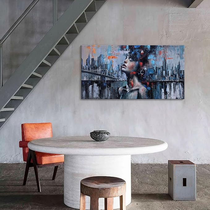 Navy Blue Abstract Wall Art Woman Picture for Living Room Modern Home Bedroom Decoration New York City Framed Cityscape Artwork Decor 24x48IN