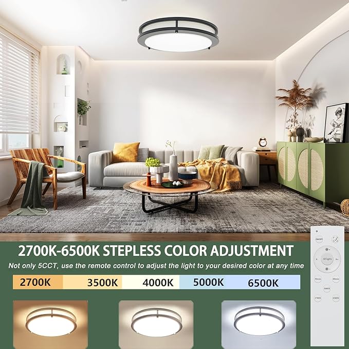 OOWOLF Dimmable LED Flush Mount Ceiling Light Fixture with Remote Control, 13-Inch 36W 2700K-6500K Light Color Adjustable, Super Bright 3600 Lumens Ceiling Lamp for Bathroom, Bedroom, Kitchen, Hallway