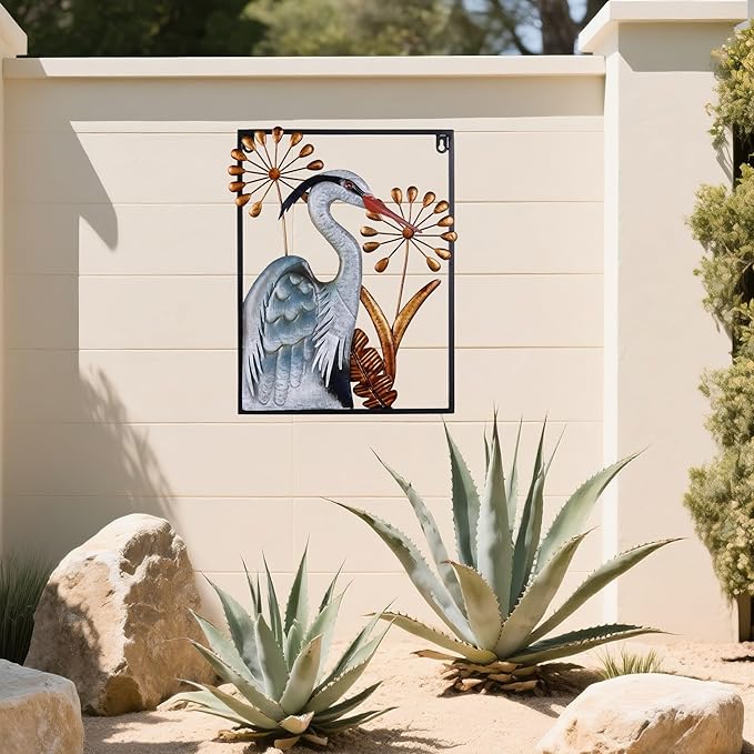 Ratuor Metal Bird Wall Art 3D Heron Wall Sculpture 16 Inch Outdoor Decor Hanging Crane Wall Decoration for Living Room Garden Bedroom Office Home Housewarming Party Vivid Color