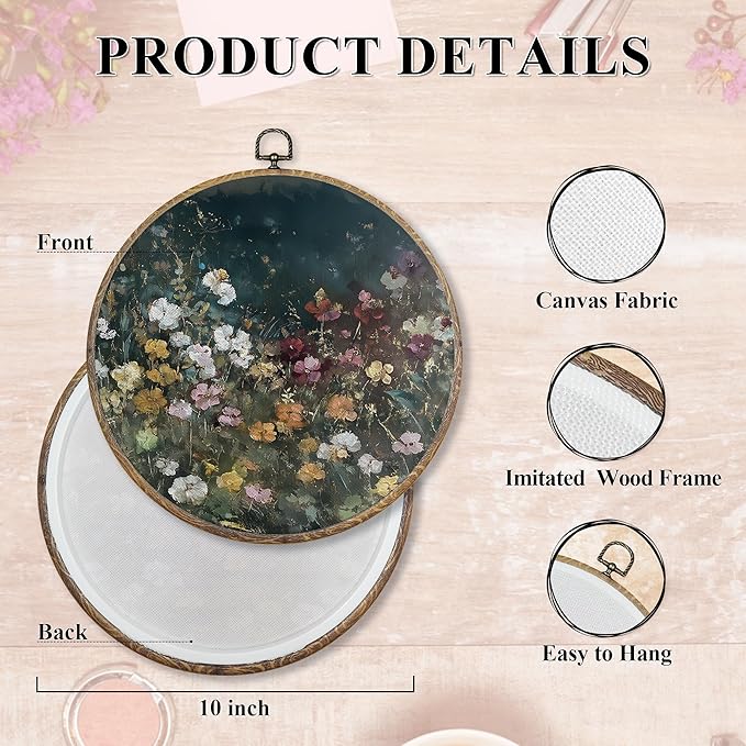 FUGWN Dark Cottagecore Moody Wildflower Round Wall Art Decor Framed, Vintage Flower Botanical Canvas Artwork Prints, Retro Colorful Floral Wall Hanging Decorations for Home Bedroom Room, 10x10 Inch