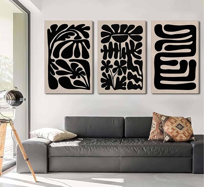 3 Pcs Boho Abstract Floral Canvas Wall Art Mid Century Modern Minimalist Black Neutral Flower Botanical Picture Wall Decor Poster Print Artwork for Living Room Bedroom Home Decoration