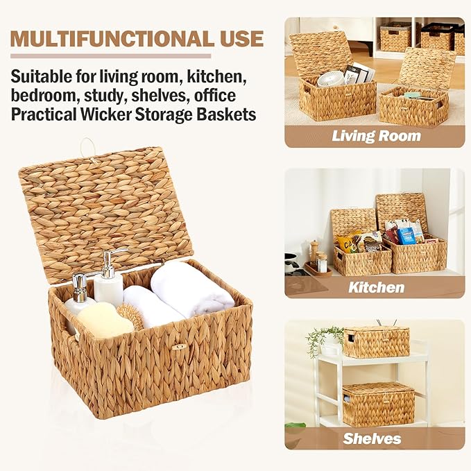 Wicker Basket with Lid, Water Hyacinth Storage Baskets for Shelves, Large & Small Storage Basket with Lid and Built-in Handles, Hand Woven Hyacinth Baskets 2 Pack