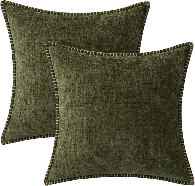 MIULEE Pack of 2 Couch Throw Pillow Covers 20x20 Inch Olive Green Farmhouse Decorative Pillow Covers with Stitched Edge Soft Chenille Solid Dyed Spring Pillow Covers for Sofa Bed Living Room