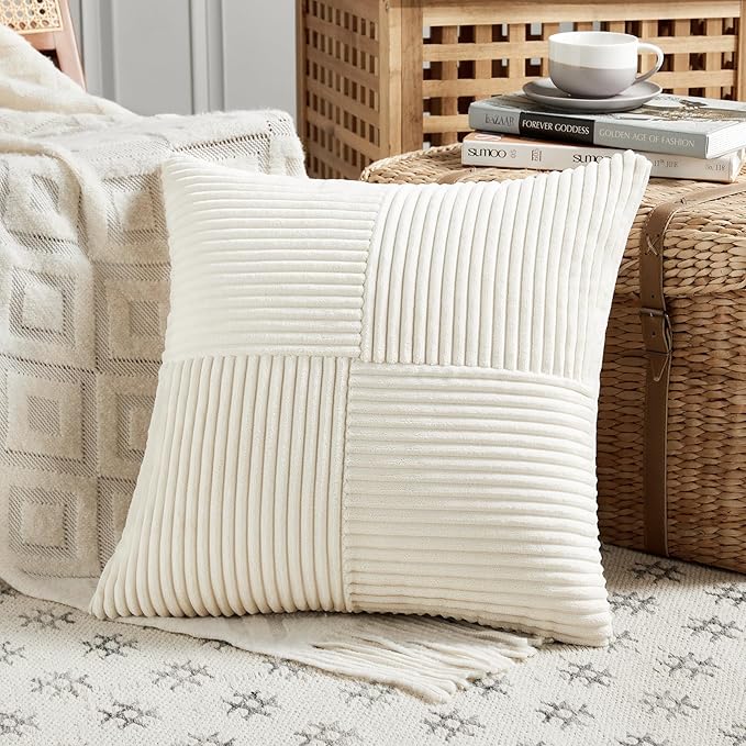 Fancy Homi 4 Packs Cream Decorative Throw Pillow Covers 16x16 Inch for Living Room Couch Bed Sofa, Rustic Farmhouse Boho Home Decor, Soft Cross Patchwork Corduroy Textured Square Cushion Case 40x40 cm