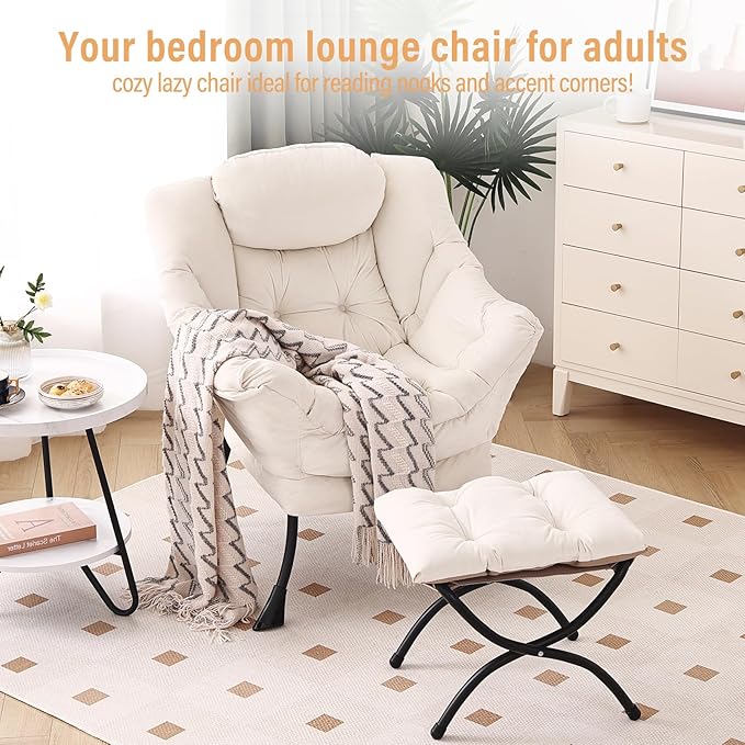 Lazy Chair with Ottoman, Modern Chair with Folding Footrest, Lounge Accent Chair, Comfortable Reading Chair, Oversized Armchairs for Bedroom, Study, Living Room, Courtyard (Beige)