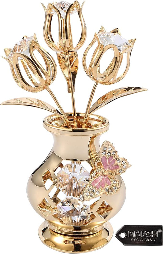 Matashi Valentine's Day Gift for Women, Girlfriend Crystal Flowers Bouquet, 24K Gold Plated Figurines Table Centerpiece Gift for Her, Mom, Daughter, Grandma, Aunt - Decorative Butterfly Studded Gift