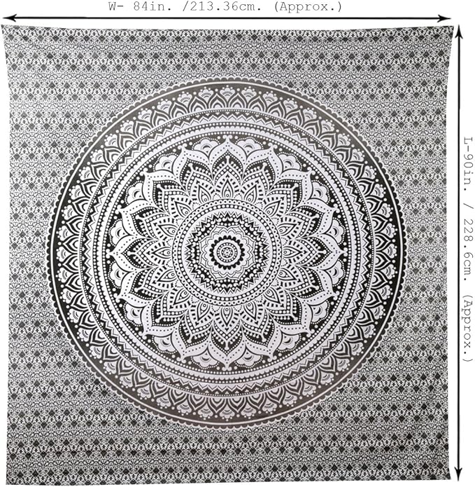 RAJRANG Large Mandala Tapestry for Bedroom and Living Room Wall Hanging Cotton Tapestries (Grey and White, Ombre, 90x84 Inch, Queen Size)
