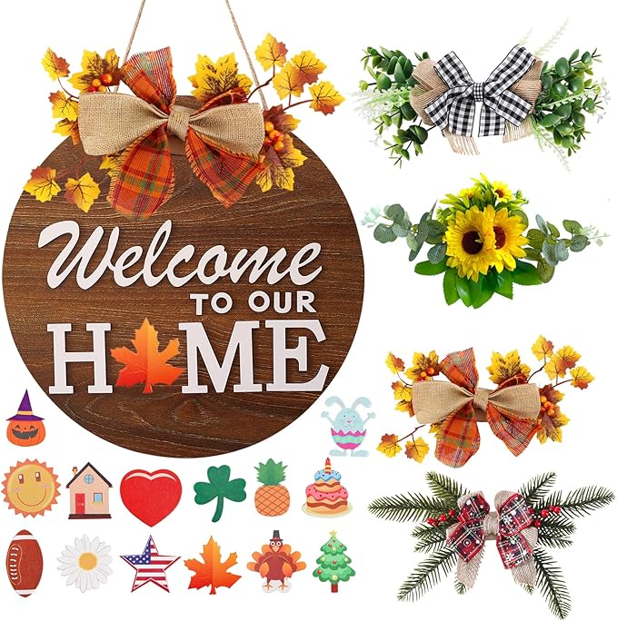 Interchangeable Welcome Sign for Front Door with 4 Seasonal Wreaths and 14 Changeable Icons, Farmhouse Front Door Signs, Door Decoration Porch Decor, Seasonal Wooden Home Sign home décor (6wood)