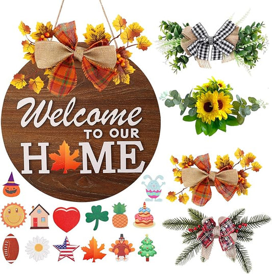 Interchangeable Welcome Sign for Front Door with 4 Seasonal Wreaths and 14 Changeable Icons, Farmhouse Front Door Signs, Door Decoration Porch Decor, Seasonal Wooden Home Sign home décor (6wood)