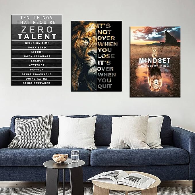 Zero Talent Poster Inspirational Wall Art Office Quotes Motivational Wall Decor Lion Mindset is Everything Animal Canvas Prints Wall Art Modern Home Bedroom Decor Framed and Stretched [60''Wx 28''H]