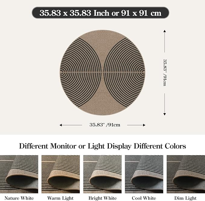 Lahome Modern Rainbow Round Rug, 3ft Small Washable Circle Carpet Natural Indoor Outdoor Patio Front Porch Rug, Farmhouse Non Slip Non Shedding Contemporary Round Mat for Entryway