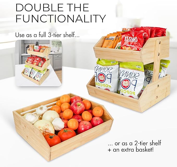 3-Tier Bamboo Fruit Basket – Transforms To 2-Tier | 2 Banana Hooks Included – 14" W x 12.5" L x 19" H – Fruit Holder for Kitchen Countertop - Fruits & Vegetable Storage – Large Capacity Shelf