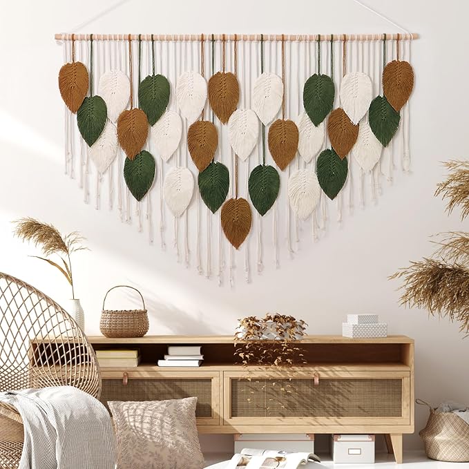 KHOYIME Large Macrame Wall Hanging Boho Woven Tapestry, Chic Home Decor Modern Bohemian Handmade Leaf Feather Wall Art Decorations for Apartment Living Room Bedroom Nursery Backdrop 51.5" W X 33.5" L