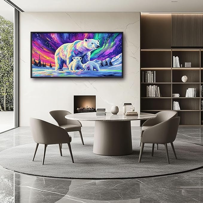 Polar Bear Large Wall Art for Living Room Framed, White Bear Wall Decor Pictures, Aurora Canvas Print Painting, Aesthetic Artwork Bedroom Office Home Decor 60"x30"