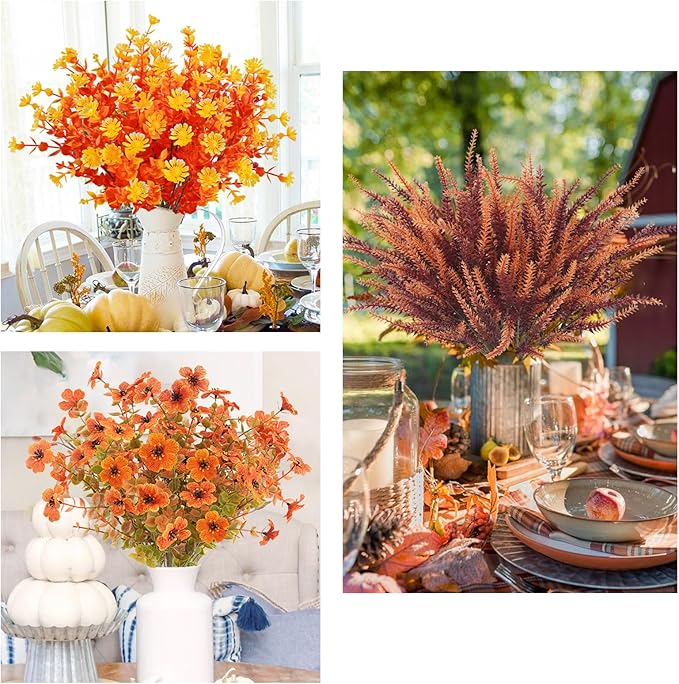 16PCS Artificial Fall Flowers Outdoor Faux Autumn Lavender Plants UV Resistant Fake Greenery Shrubs Fall Decorations for Thanksgiving Harvest Wedding Porch Window Box