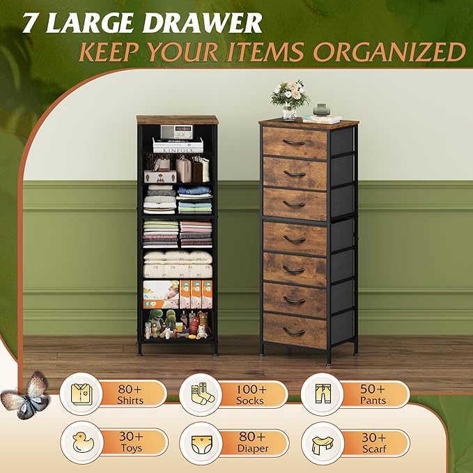WLIVE Tall Dresser for Bedroom, 7 Drawer Dressers & Chests of Drawers, Fabric Dresser for Closet, Night Stand with Metal Frame, Storage Tower with Fabric Bins, Wood Top, Rustic Brown Wood Grain Print