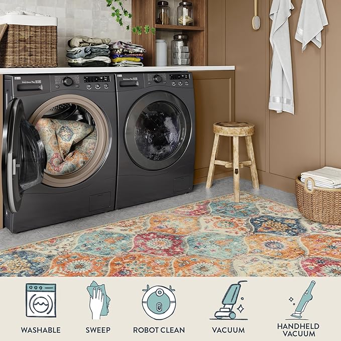 Lahome Moroccan Trellis Washable Rug, 2x3 Kitchen Rugs for Entryway Bathroom, Non-Slip Indoor Door Mat Ultra-Thin, Small Oriental Throw Carpet for Bedroom Entry, Cream/Multi